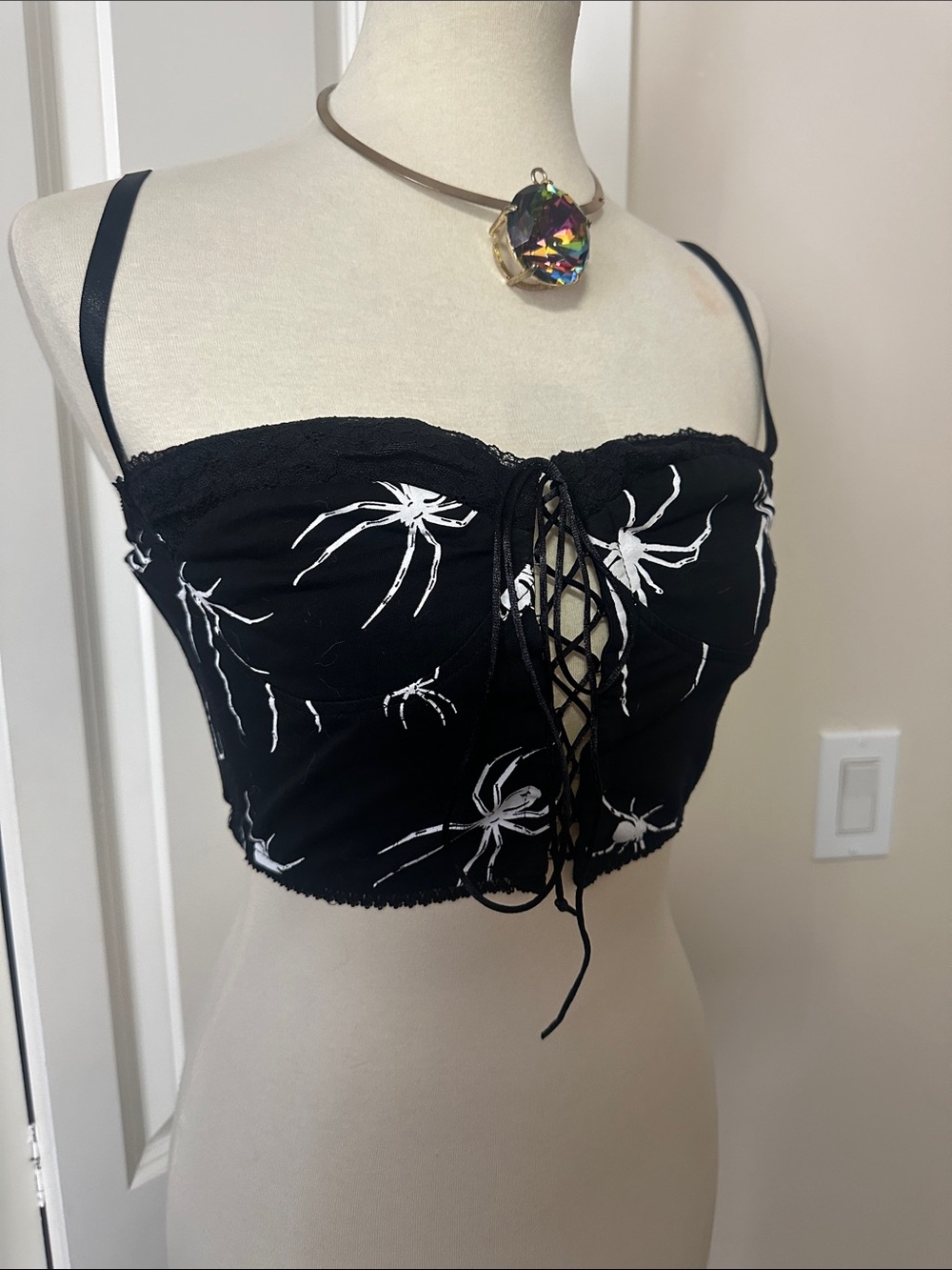 Dolls Kill Widow Web of Sins Black Lace-Up Corset Spider Print Crop Top